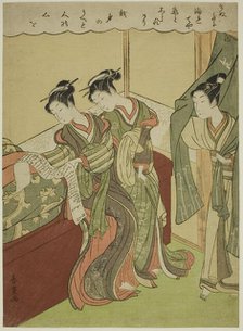 Young Man Walks in as Two Courtesans Read Love Letter, c. 1772/74. Creator: Shiba Kokan.