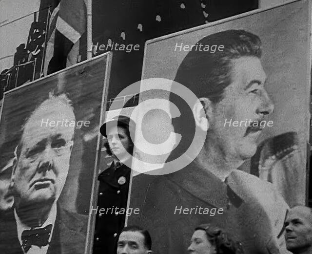 Large Posters of Joseph Stalin and Winston Churchill, 1942. Creator: British Pathe Ltd.