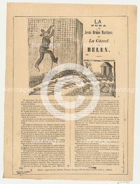 Broadsheet relating to the escape of Jesús Bruno Martínez from Belen prison, a descrip..., ca. 1892. Creator: José Guadalupe Posada.