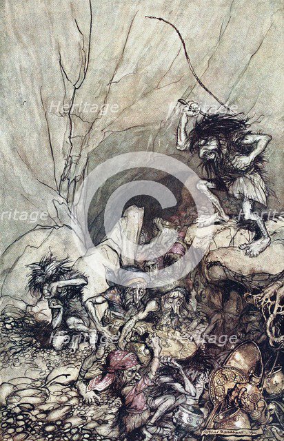 Alberich drives in a band of Niblungs laden with gold and silver treasure. Illustration for The Rhi Artist: Rackham, Arthur (1867-1939)