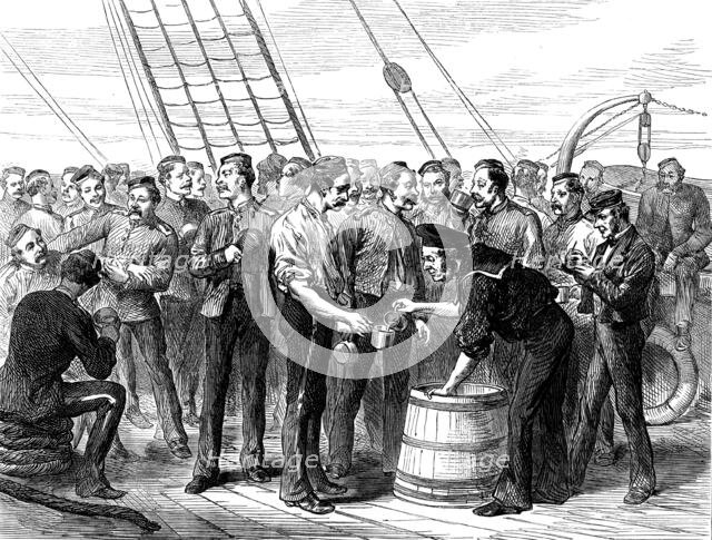 Life on board a troop-ship: serving out grog, 1873. Creator: Unknown.