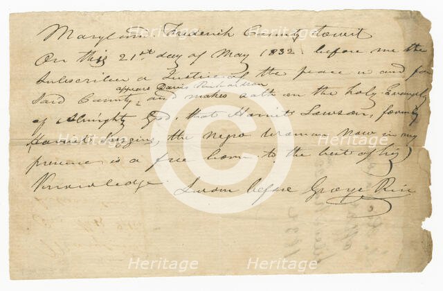 Pass for free woman Harriet Lawson to visit her husband, Caleb, May 21, 1832. Creator: Unknown.