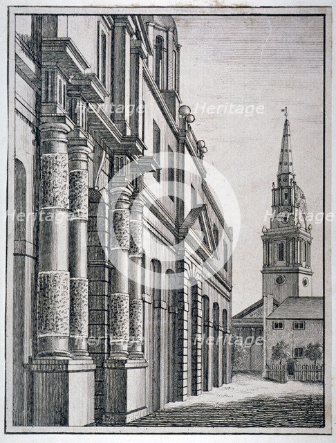 Part of the King's Mews with the church of St Martin-in-the-Fields, Westminster, London, c1750.      Artist: Anon