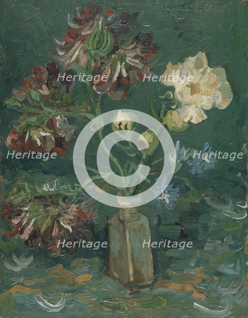 Bottle with Peonies and Blue Delphiniums.