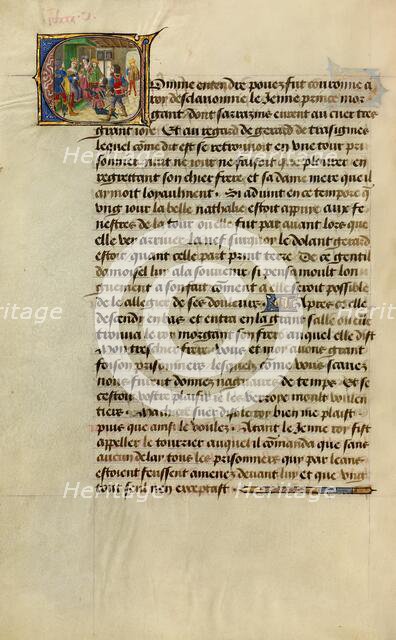 Initial C: Gillion's Son Gerard Kneeling before King Morgan of the Slavs, 1464. Creators: Lieven van Lathem, David Aubert.