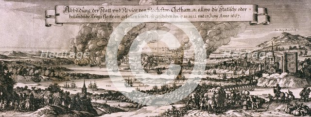Dutch fleet sailing up the Medway River to bombard Chatham and Rochester in 1667, c1667. Artist: Anon
