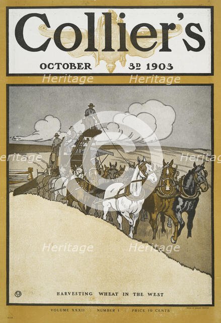Collier's October 3rd, 1903, Harvesting Wheat in The West, Volume XXXII, Number 1..., c1903. Creator: Edward Penfield.