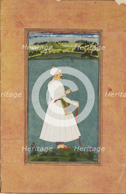 Sawai Jai Singh standing in a landscape, c1730. Artist: Unknown.