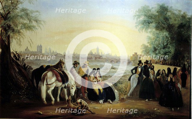 View of Lima with ladies and gentlemen walking by the Rimac river, oil, 1843.