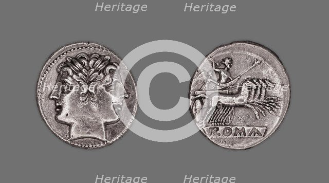 Didrachm (Coin) Depicting the Dioscuri (Castor and Pollux), 225-214 BCE, issued by the Roman Republi Creator: Unknown.