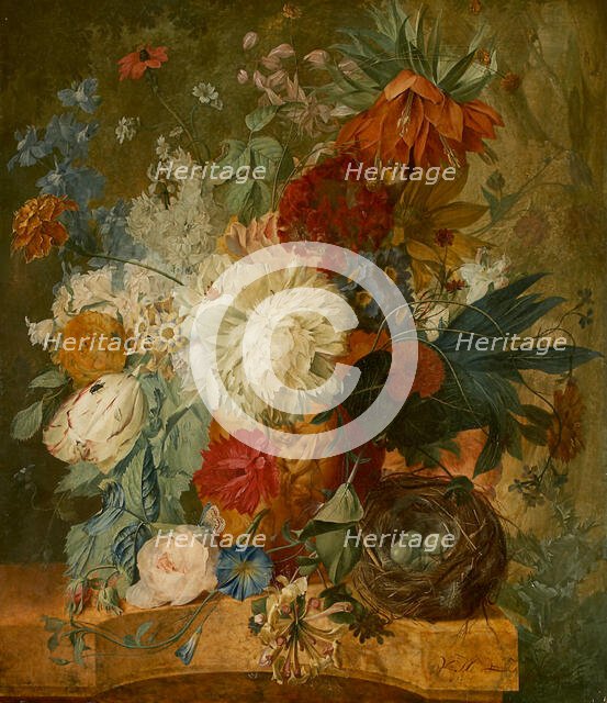 Still Life with Bouquet of Flowers and Bird's Nest, 1776. Creator: Wybrand Hendriks.