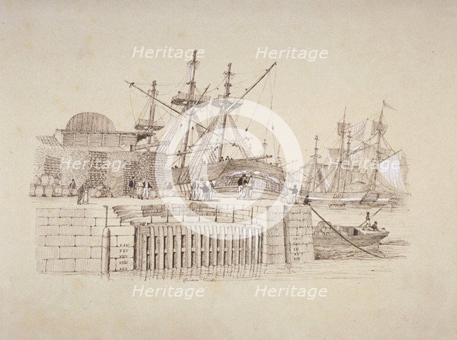 View of the Wapping entrance and south quay of London Docks, c1824. Artist: Henry Moses