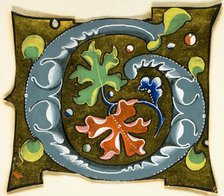 Decorated Initial "G" in Grey with Red, Green and Blue Leaves from a Manuscript, 14th..., c. 1920. Creator: Unknown.