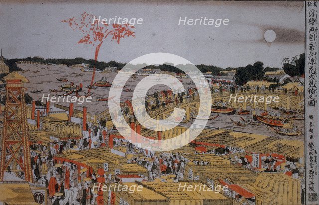 Fireworks at Ryogoku Bridge, c. 1785. Artist: Hokusai, Katsushika (1760-1849)