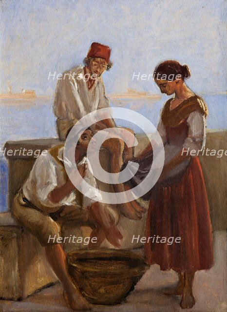 A young girl and two fishermen, c1853. Creator: Wilhelm Marstrand.