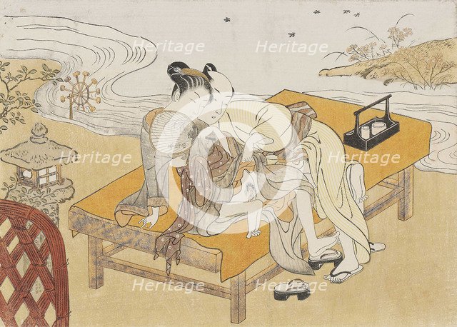 A couple making love on a bench beside a stream on a summer evening, 1760s.