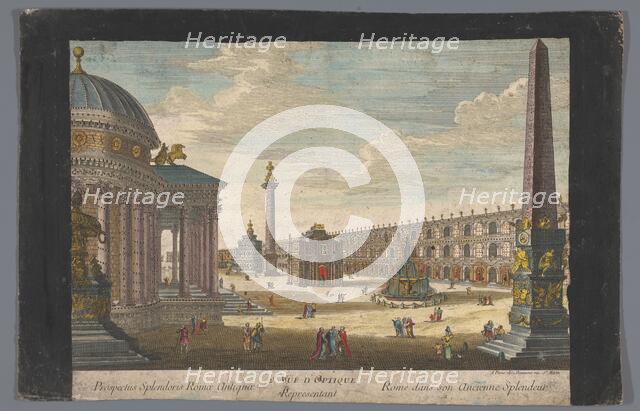 View of an obelisk, a triumphal arch, a column and other structures in Rome, 1745-1775. Creator: Anon.