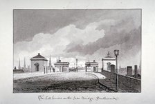Toll houses on Southwark Bridge, London, 1827.             Artist: John Chessell Buckler