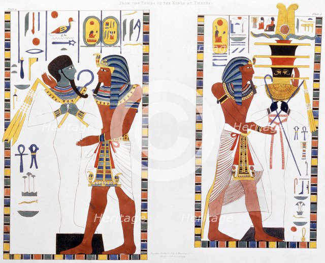 Two murals from the tombs of the Kings of Thebes, discovered by G Belzoni, 1820-1822. Artist: Charles Joseph Hullmandel