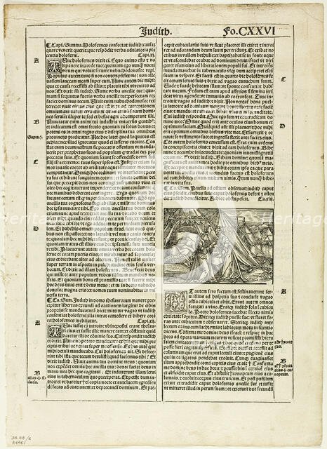 Judith and Her Maid Placing the Head of Holofernes in a Bag from Biblia latina, plate six..., 1937. Creator: Hans Springinklee.