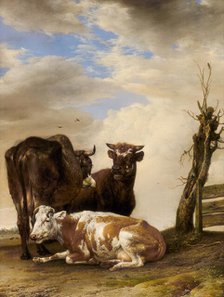 Two Cows and a Young Bull beside a Fence in a Meadow, 1647. Creator: Paulus Potter.