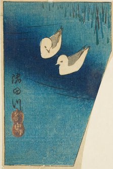 Oystercatchers on the Sumida River (Sumidagawa, miyakodori), section of a sheet from..., c. 1850. Creator: Ando Hiroshige.