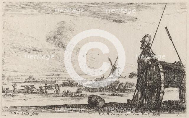 Soldier in Armor and a Cannon, c. 1641. Creator: Stefano della Bella.