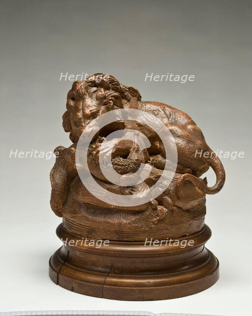 Lion Attacking A Gavial Crocodile, 1860. Creator: Isidore-Jules Bonheur.