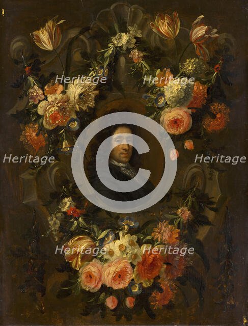 Portrait of a Man Encircled by a Wreath of Flowers. Creator: Jean-Baptiste Morel.