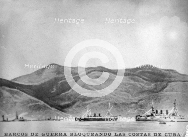 Warships blocking the coast of Cuba, (1898), 1920s. Artist: Unknown