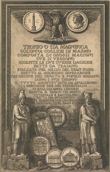 Title page with eagle, coin showing image of Trajan's Column, classical sculptures, 1774-79. Creator: Giovanni Battista Piranesi.