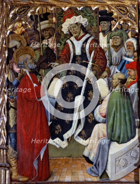  'Jesus before Pilate', table of the altarpiece of San Pedro de Pubol. Panel painting from the pa…