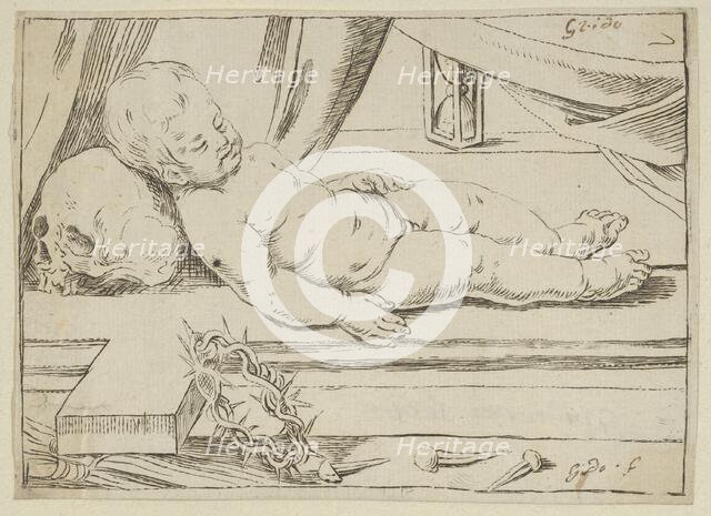 The infant Christ asleep on a cross, his head resting on a skull, a crown of thorn..., 17th century. Creator: Anon.