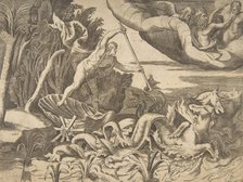 Neptune in his Chariot being drawn by seahorses, from the 'Division of the Universe', 1..., 1531-76. Creator: Giulio Bonasone.