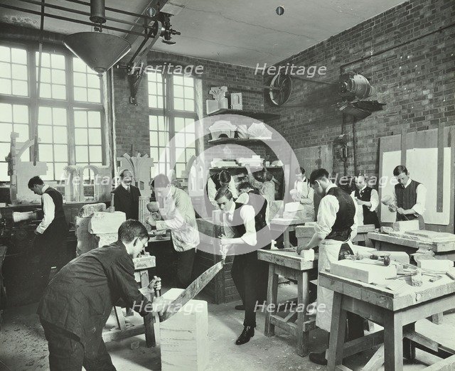 Male students at work in the Mason's Shop, Northern Polytechnic, London, 1911.  Artist: Unknown.
