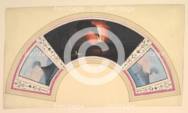 Fan Design with Eruption of Vesuvius and Three Views, 18th century. Creator: Anon.
