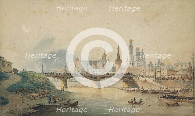 View of the Kremlin and Moskvoretsky bridge from the Moskva River embankment , 1870.