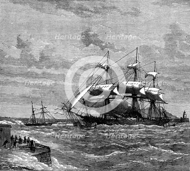 A ship on fire in Kingstown Harbour, 1873. Creator: Unknown.