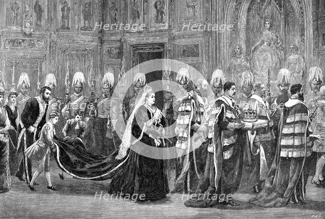 The royal procession in Westminster Palace on the way to the House of Lords, 1886, (1900). Artist: Unknown