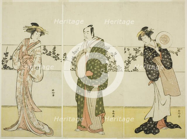 The Actors Osagawa Tsuneyo II (right), Ichikawa Monnosuke II (center), and Segawa..., c. 1785. Creator: Katsukawa Shunko.
