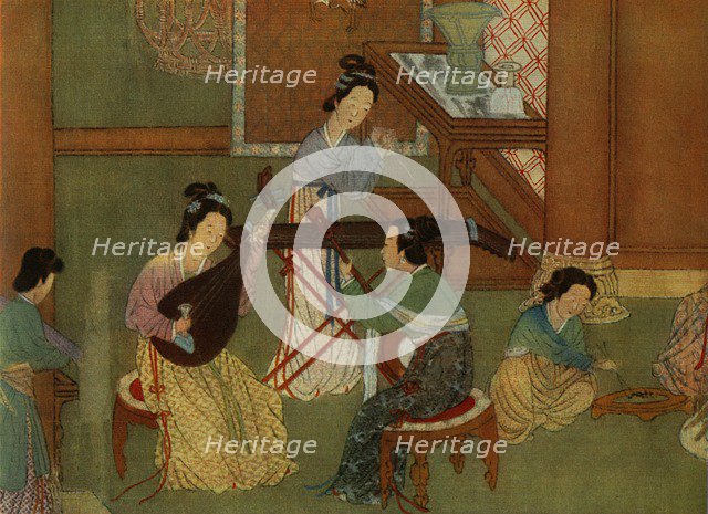 'Chinese lute p'i-p'a, moon guitar yue-chin and table zither tchin; detail of a painting on silk of  Artist: Unknown.