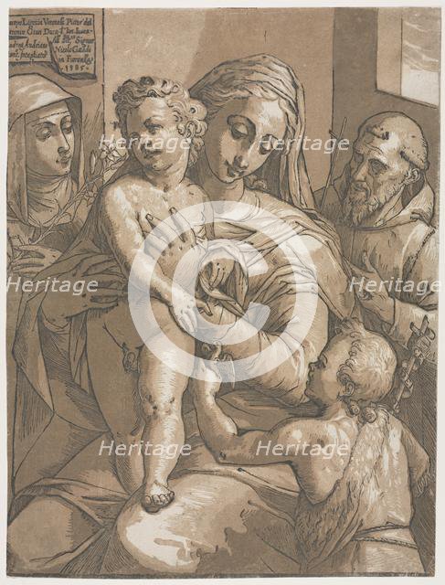 Virgin and Child with St. John, St. Catherine of Siena and St. Francis, 1585. Creator: Andrea Andreani (Italian, about 1558-1610).