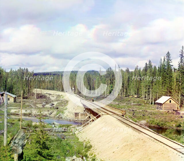 Railroad bridge across Kumsa River near the Medvezhya Gora Station, 1915. Creator: Sergey Mikhaylovich Prokudin-Gorsky.