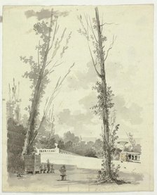View of the Park at Versailles: Two Poplar Trees with Balustraded Walk in Background, n.d. Creator: Pierre Antoine Mongin.