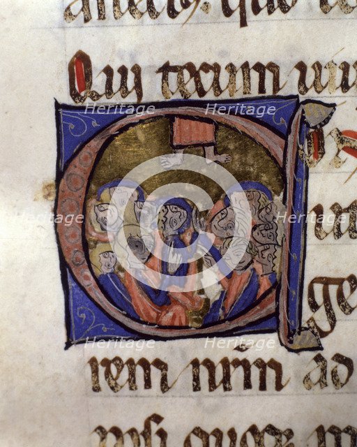 The Ascension of Jesus, illuminated capital letter from 'Episcopal Sacramentary of Elna'. Handwri…