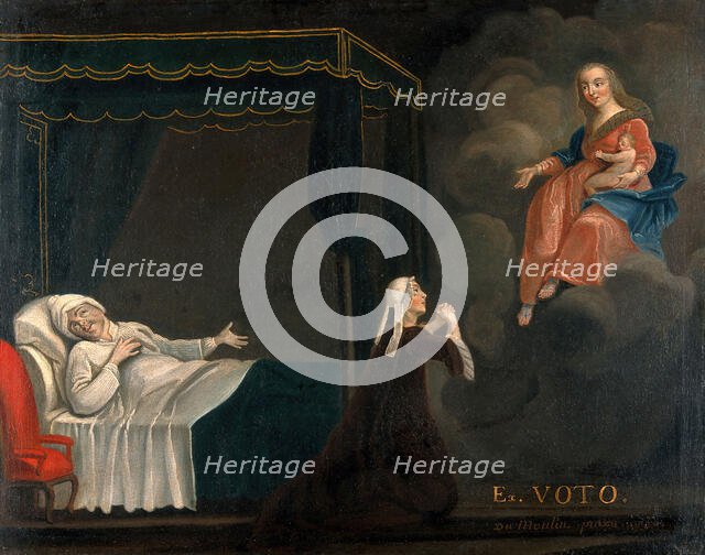 A sick man in bed, a woman praying to the Virgin and Child, c1750s. Creators: Unknown, Du Moulin.