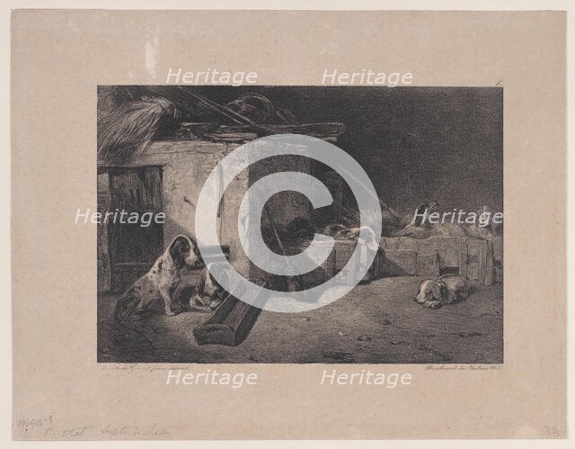 Interior of the Kennel, from the series Hunting Scenes, 1829. Creator: Alexandre Gabriel Decamps.