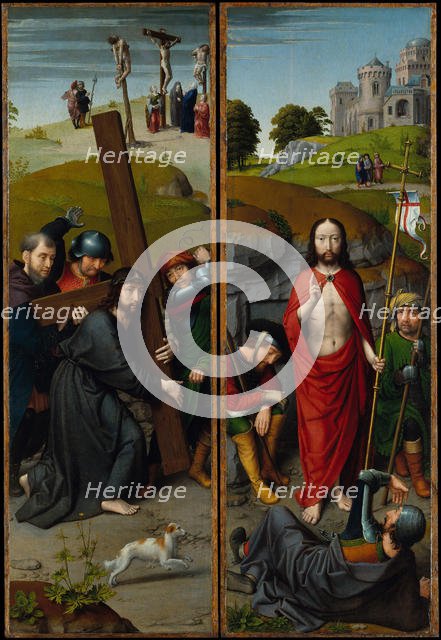 Christ Carrying the Cross, with the Crucifixion; The Resurrection, with the Pilgrims..., ca. 1510. Creator: Gerard David.