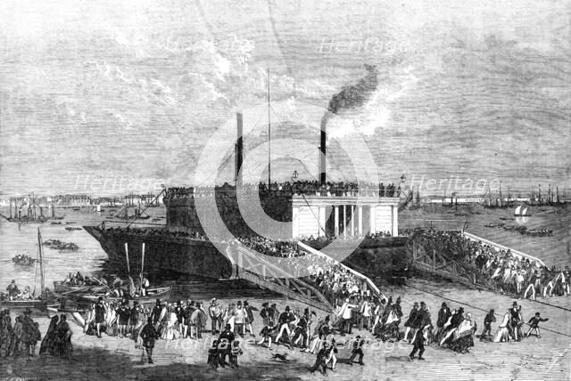 The Grand Naval Review, at Spithead: Excursionists on the Floating-Bridge at Portsmouth, 1856.  Creator: Edmund Evans.