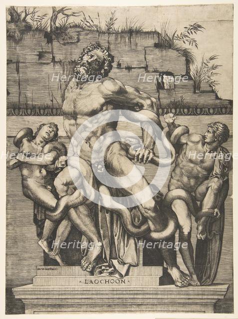Laocoön and his sons being attacked by serpents, ca. 1515-27. Creator: Marco Dente.